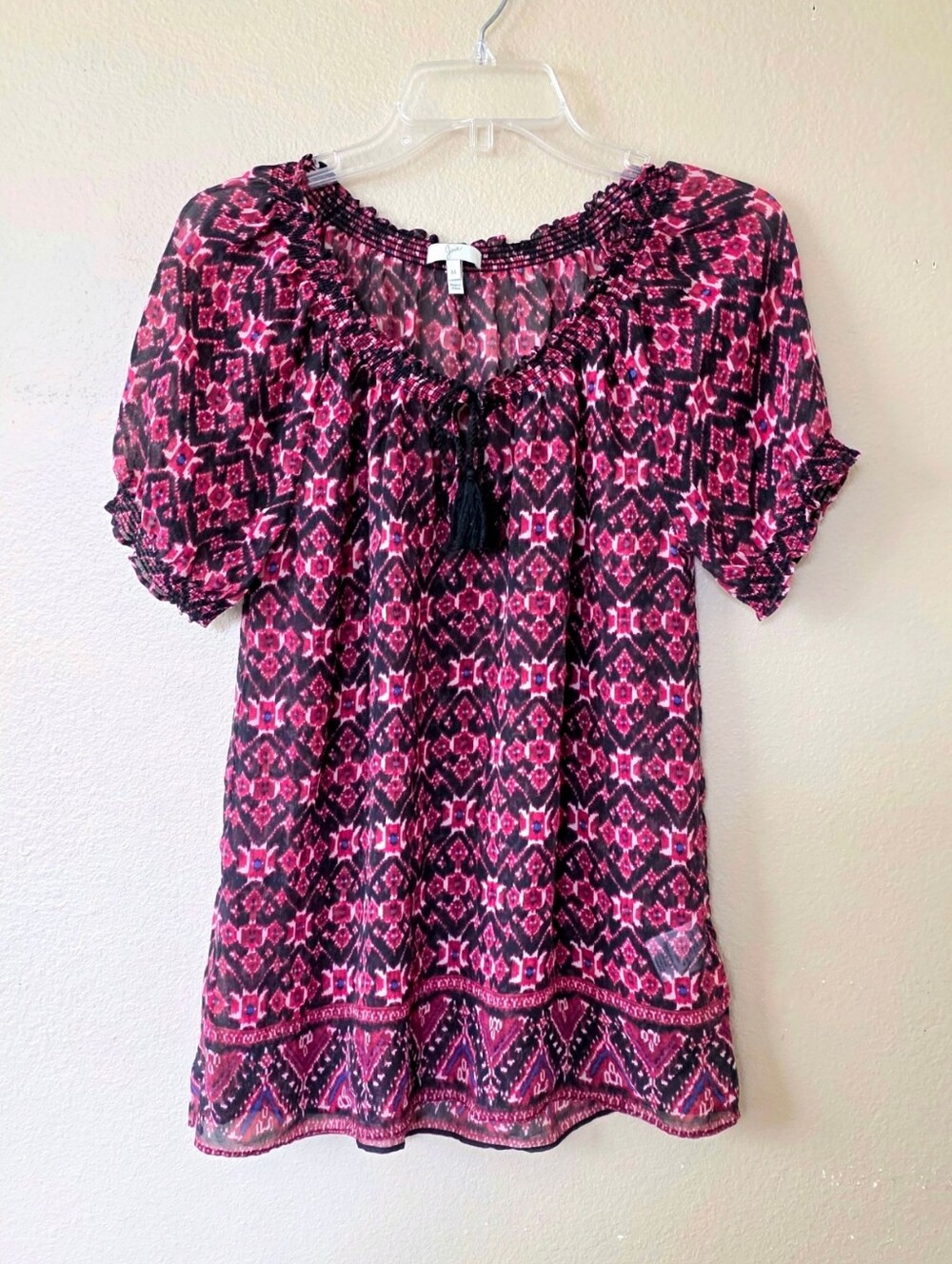 Joie Pink Black Silk Boho Printed Sheer Tunic Blouse - Size Medium